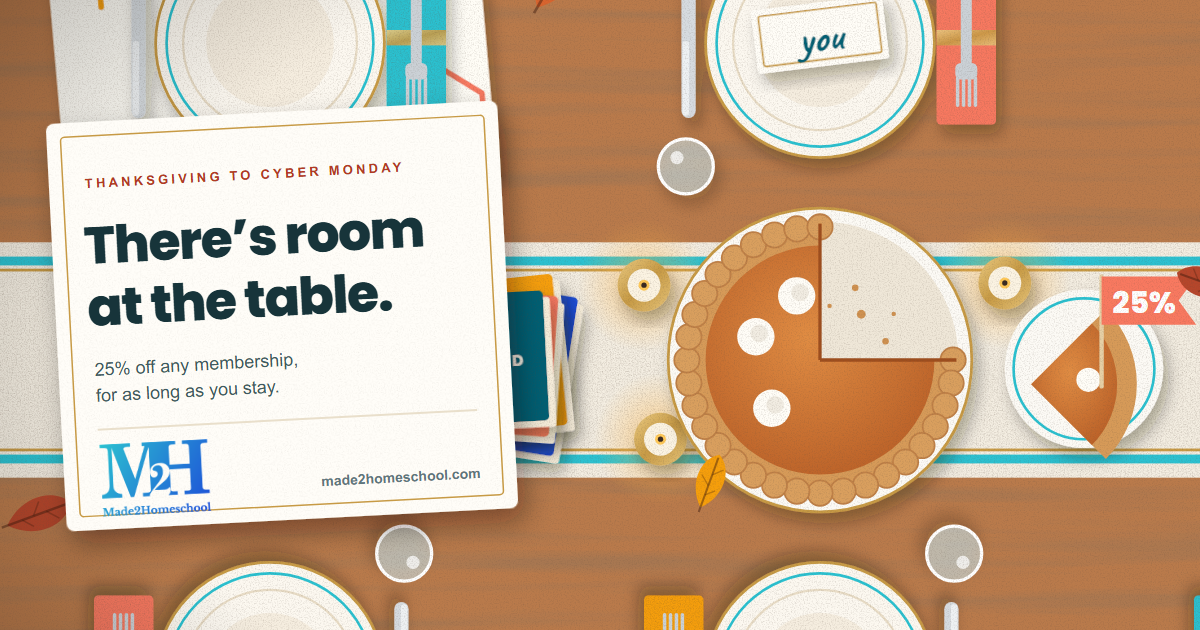 There's room at the table: an overhead Thanksgiving table with a pie missing a quarter, flagged 25%