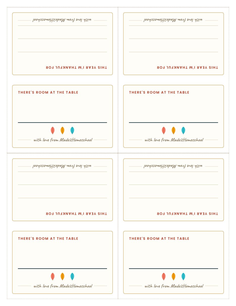 A printable sheet of four fold-over place cards with a name line on the front and thankful lines on the back